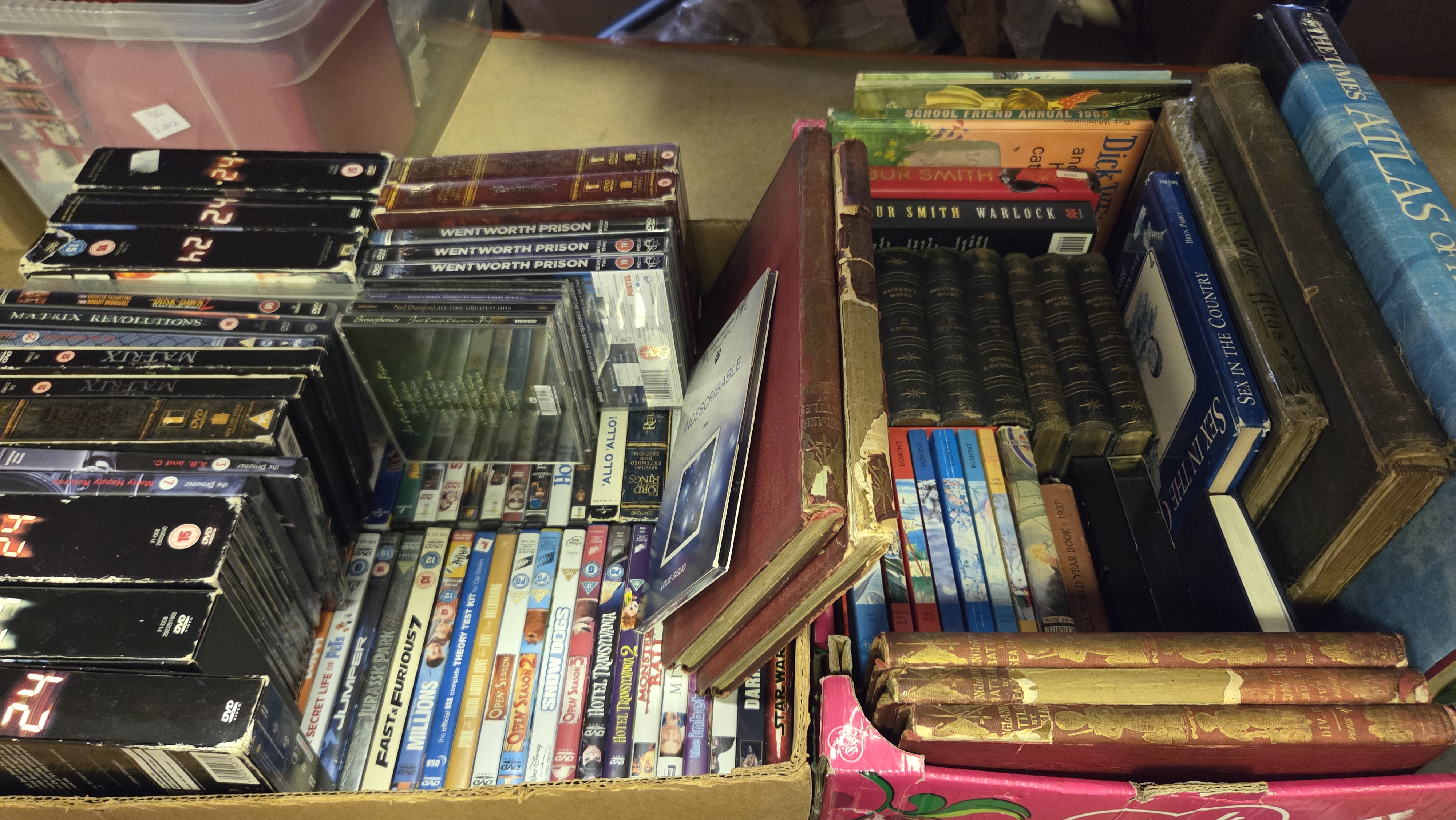 Two Boxes of DVDs, Music CDs, and Vintage and Modern Books