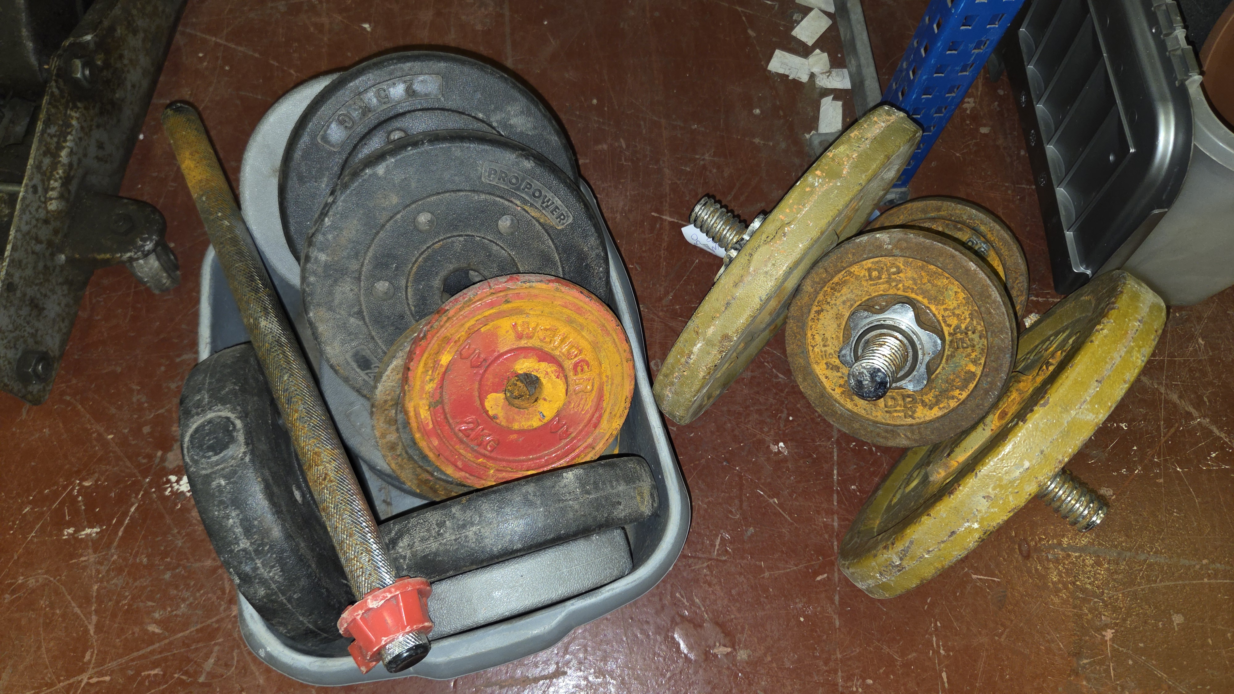 A Collection of Weider, DP and Pro Power Cast Iron Weights with Threaded Bars