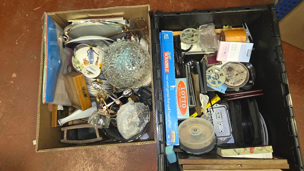 Lot 156 – Two Boxes of Vintage Board Games, Glassware, and Household Collectables