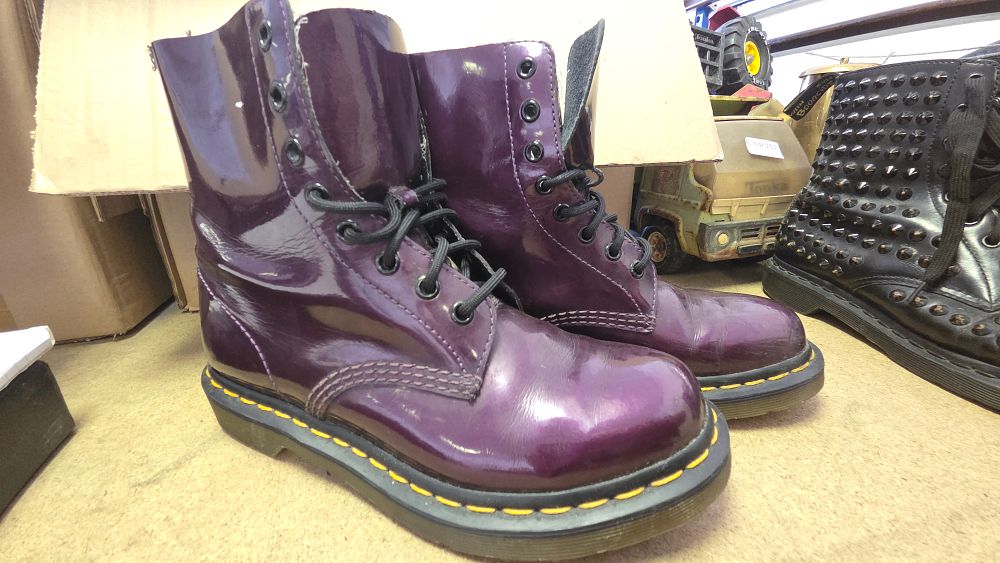 Lot 167 – A Pair of Dr. Martens Pascal Purple Patent Leather 8-Eyelet Boots size 6
