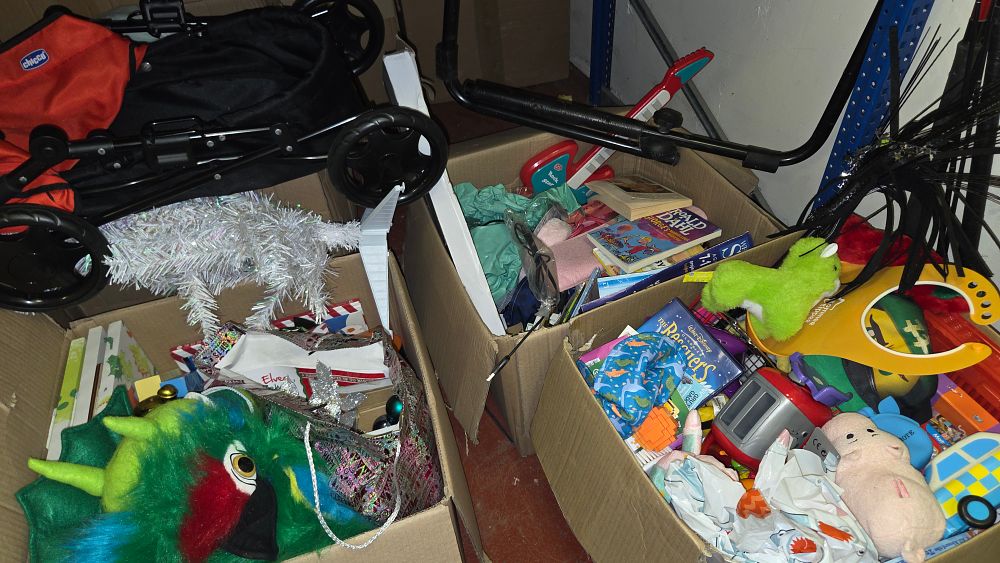 Lot 189 – Three Boxes of Children’s Toys, Books, and Nursery Equipment including a Chicco Stroller