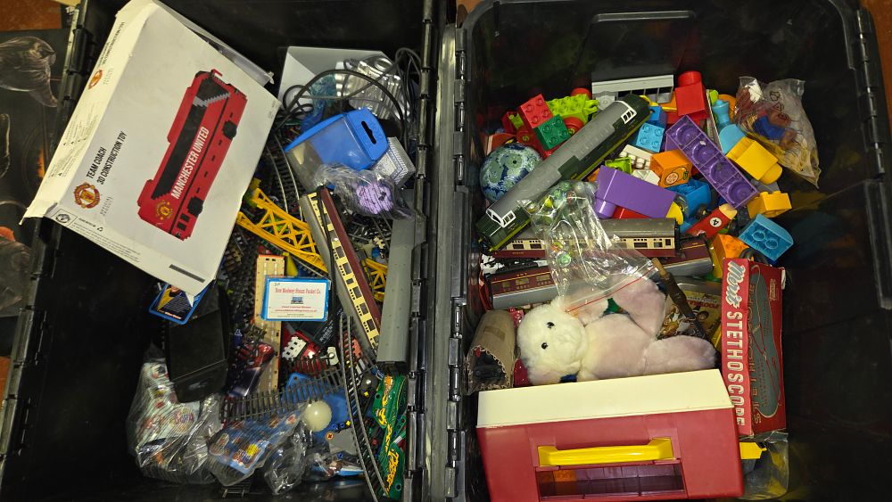Lot 190 – Two Boxes of Vintage and Modern Toys, Model Railway Components, and LEGO DUPLO Building Blocks