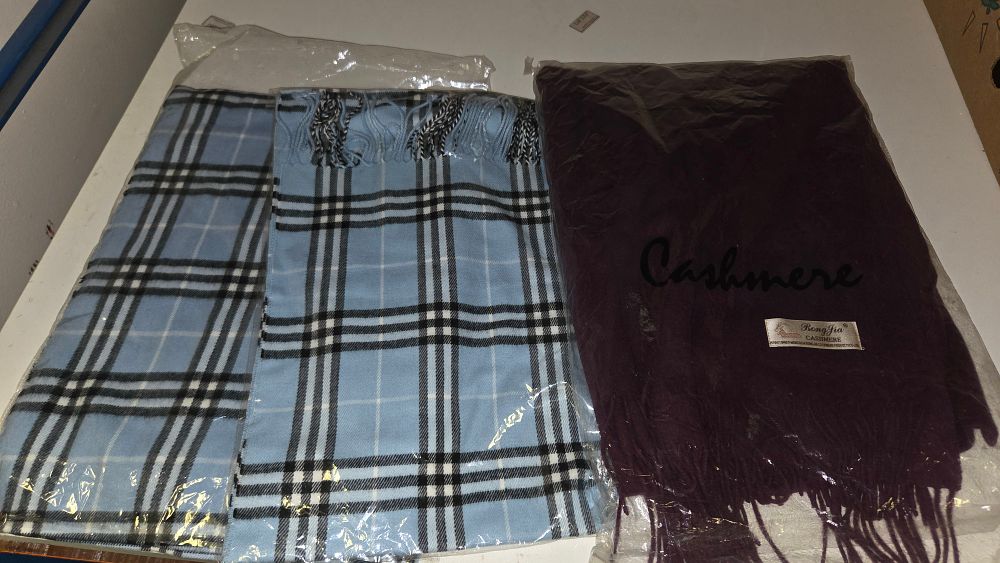 Lot 223 – Three Scarves Including a Rong Jia 100% Pure Mongolian Cashmere Example