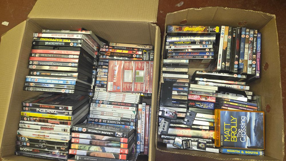 Lot 255 – Two Boxes of Mixed Home Media, Video Games, and Music