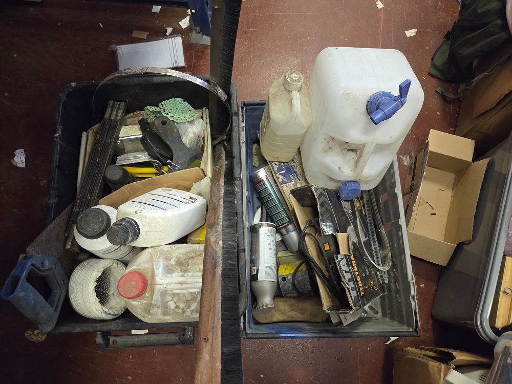 Lot 328 – A Collection of Workshop Tools Cleaning Supplies and Containers