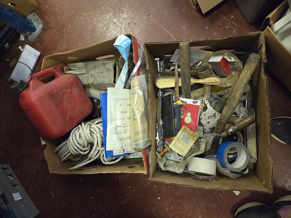 Lot 329 – Two Boxes of Assorted Workshop Tools Hardware and Supplies