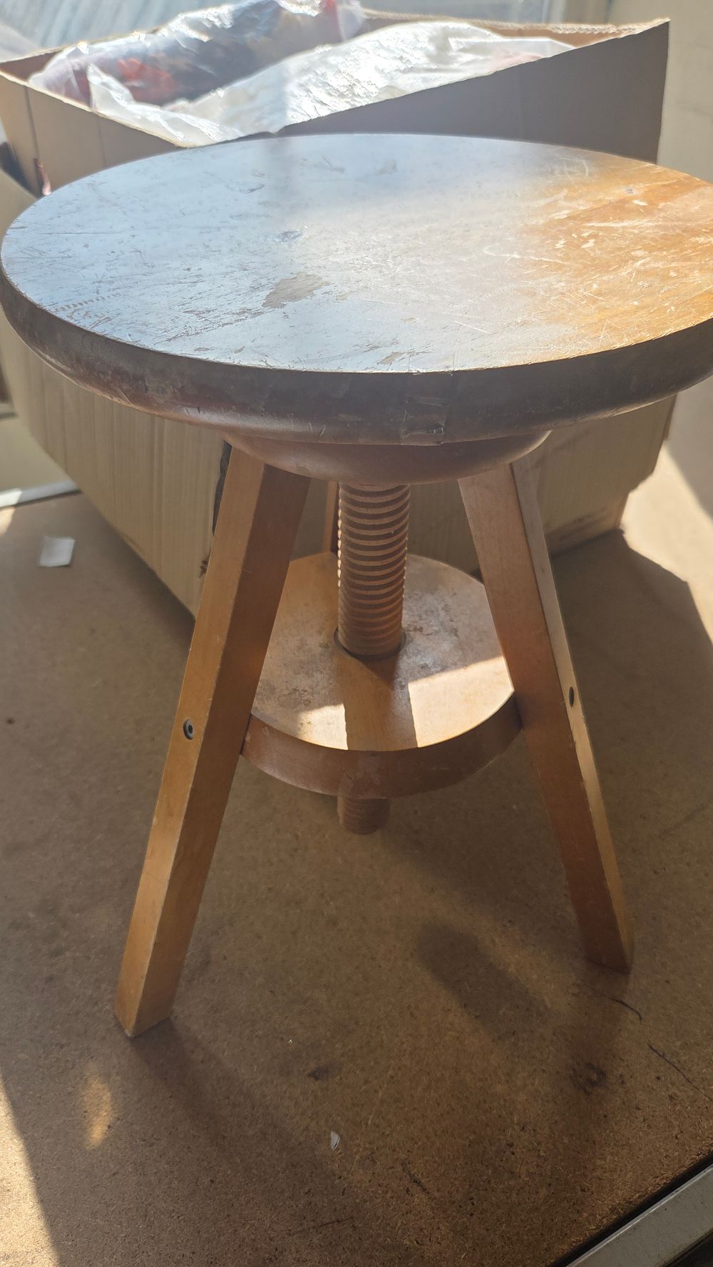 Lot 346 – Adjustable Beech Industrial Tripod Stool