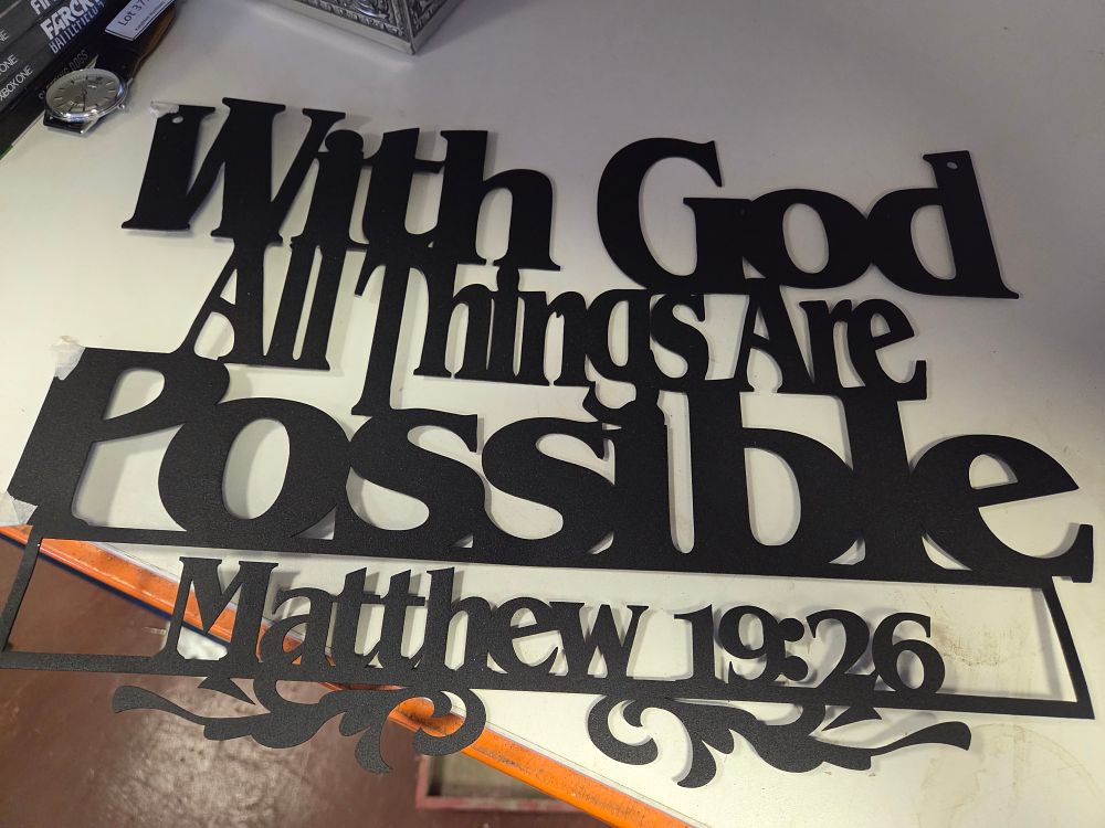 Lot 374 – Contemporary Laser Cut Metal Matthew 19:26 Scripture Wall Hanging