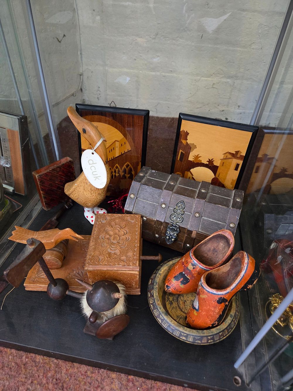 Lot 613 – A Collection of Vintage Wooden Decorative Objects and Collectibles Including Marquetry Panels and a dcuk Duck