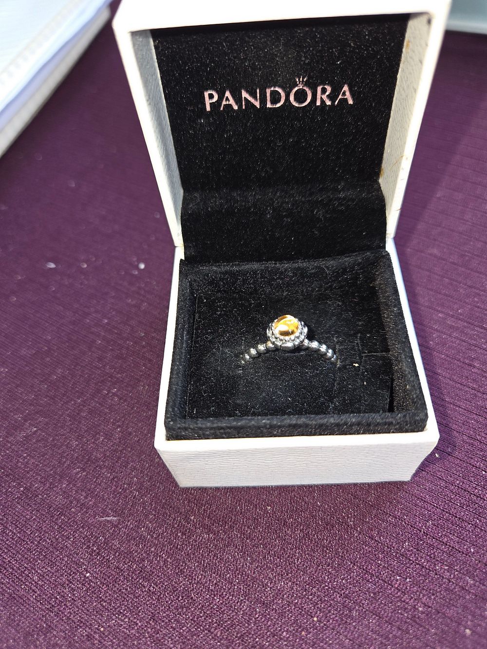 Lot 643 – Pandora Birthday Blooms November Citrine Sterling Silver Ring 3.46g