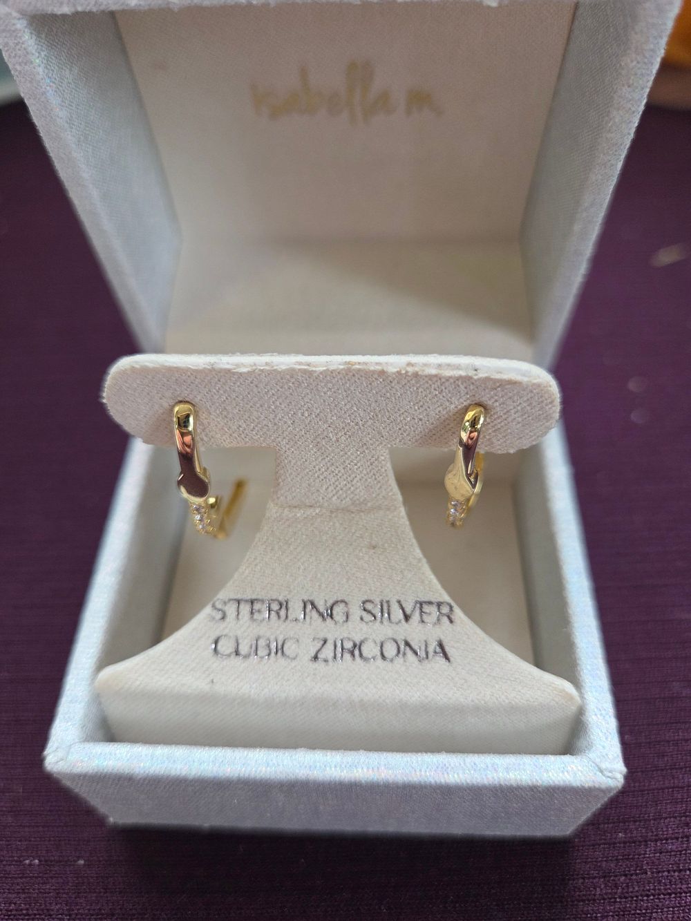 Lot 648 – A Pair of Isabella m Gold-Plated Sterling Silver and Cubic Zirconia Huggie Hoop Earrings 2.37g