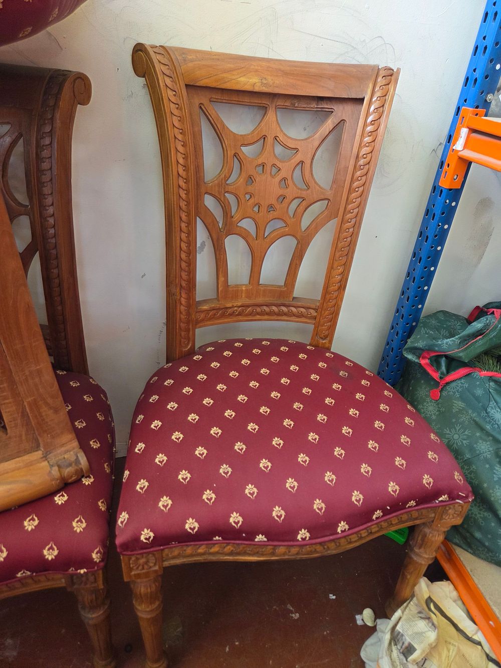 Lot 174 – A Set of Four Stained Hardwood Dining Side Chairs with Carved Spider Web Backrests