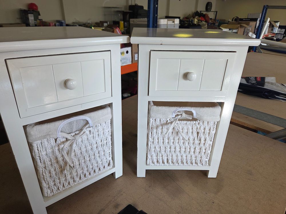 Lot 186 – A Pair of Contemporary White Painted Bedside Tables with Woven Baskets