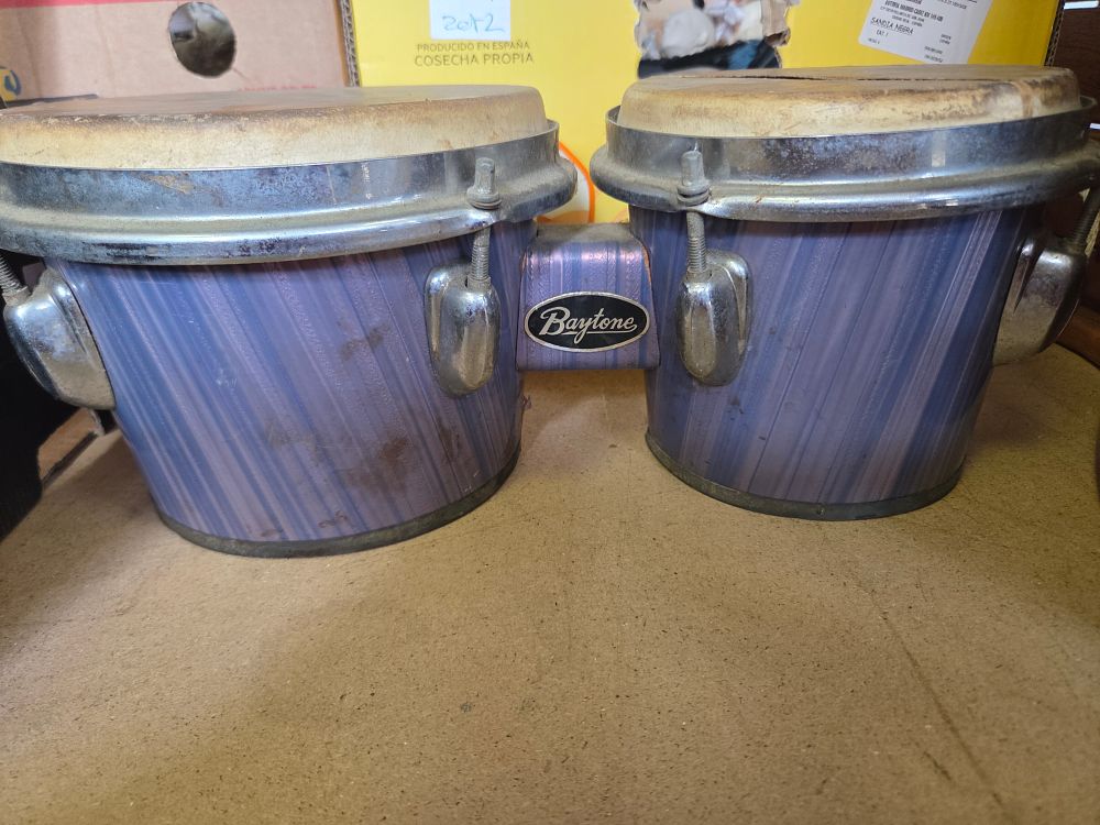 Lot 204 – A Pair of Vintage Baytone Striped Wooden Bongo Drums, Made in Japan
