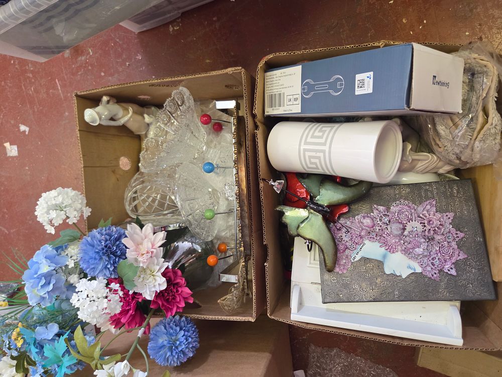 Lot 210 – Two Boxes of Decorative Glassware, Contemporary Ceramics, Mixed Media Art, and Household Hardware