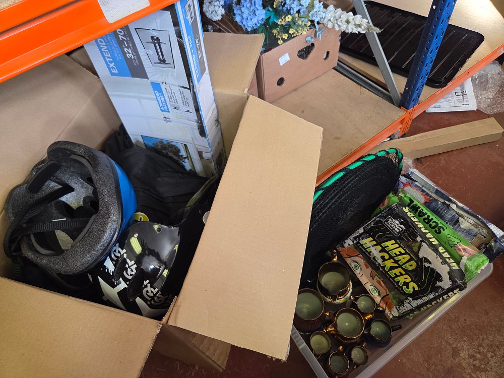 Lot 211 – Two Boxes of Mixed Household and Leisure Goods including TV Wall Mount, Helmets, and Ceramics