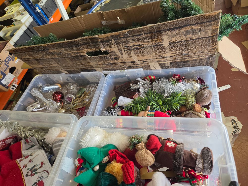 Lot 226 – An Assortment of Christmas Decorations Including a Pre-lit Artificial Tree and Four Storage Bins