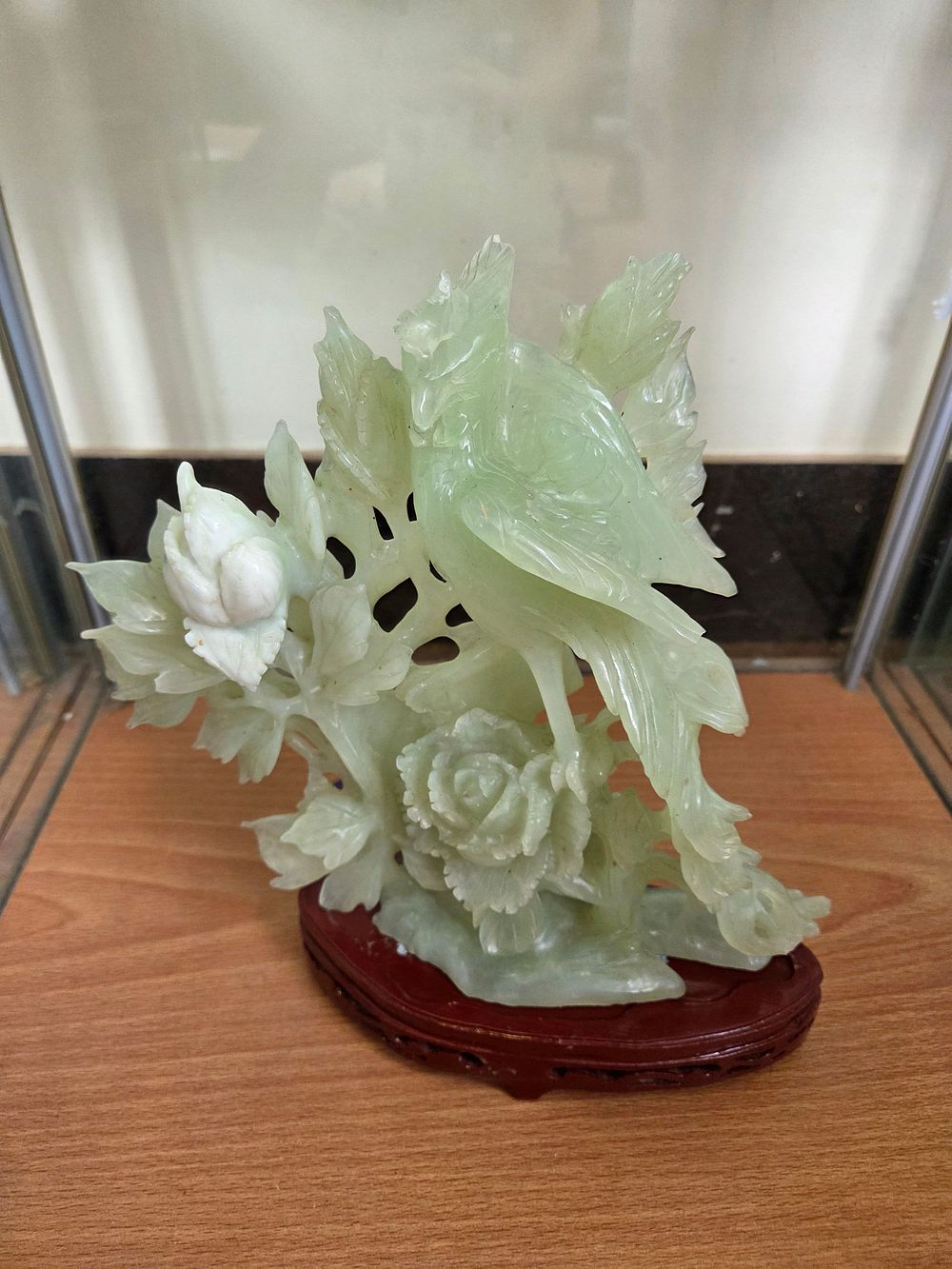 Lot 624 – Chinese Carved Celadon Hardstone Bird and Peony Sculpture