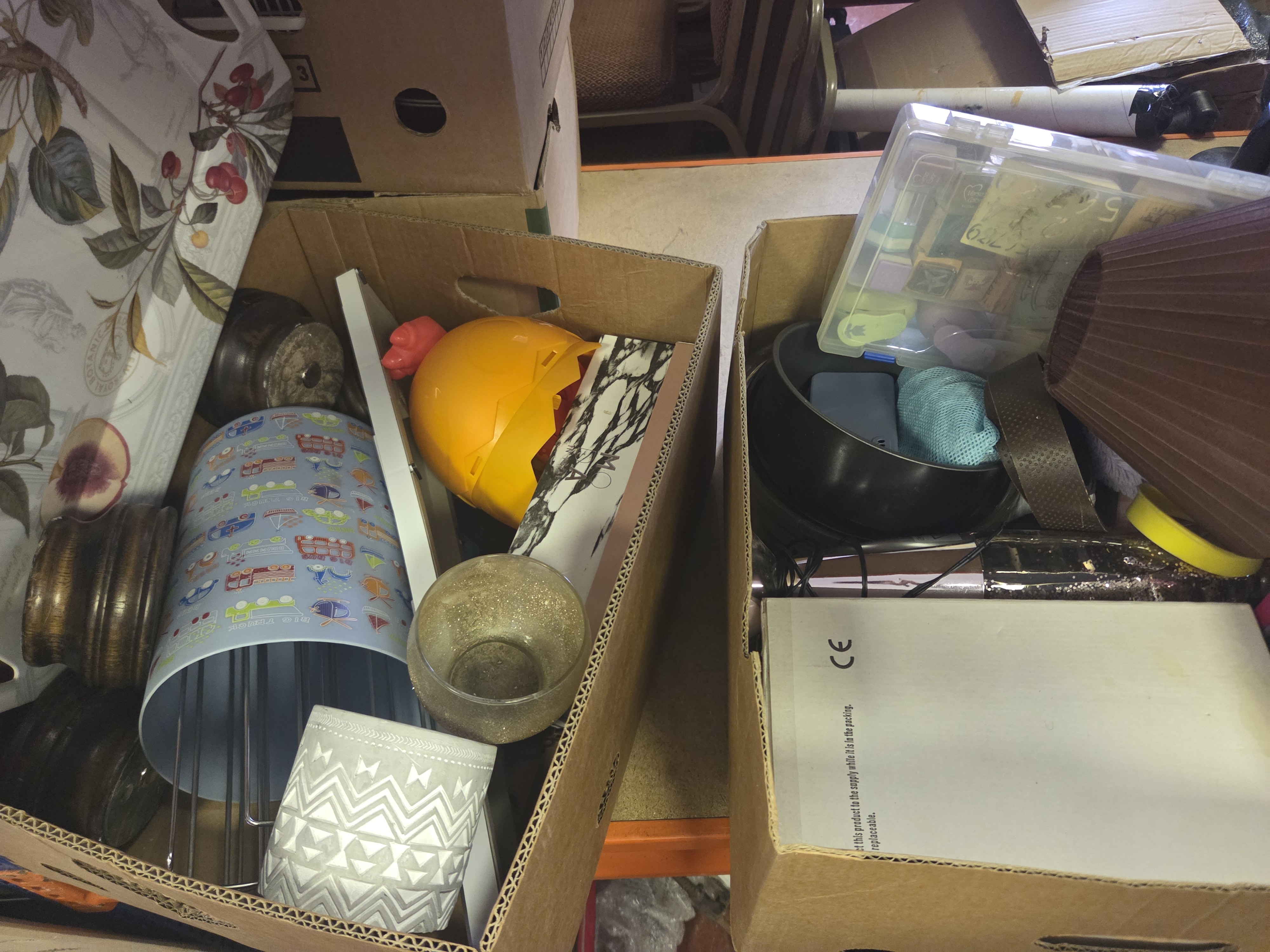 Two boxes of Miscellaneous Household and Decorative Items Including Lampshades, Ceramics, and Craft Supplies