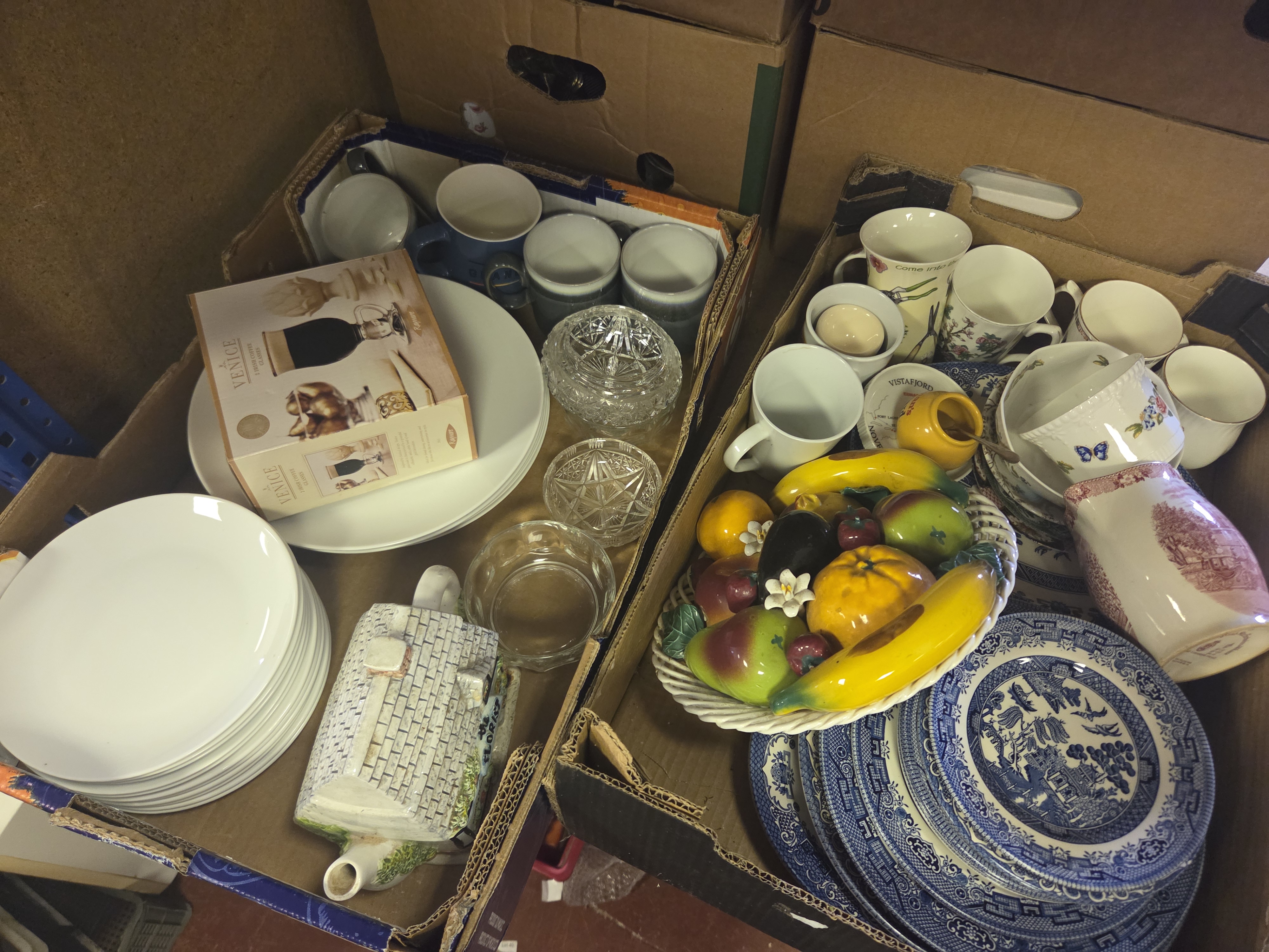 Two Boxes of Household Ceramics and Glassware including Blue and White Transferware and Novelty Teapot