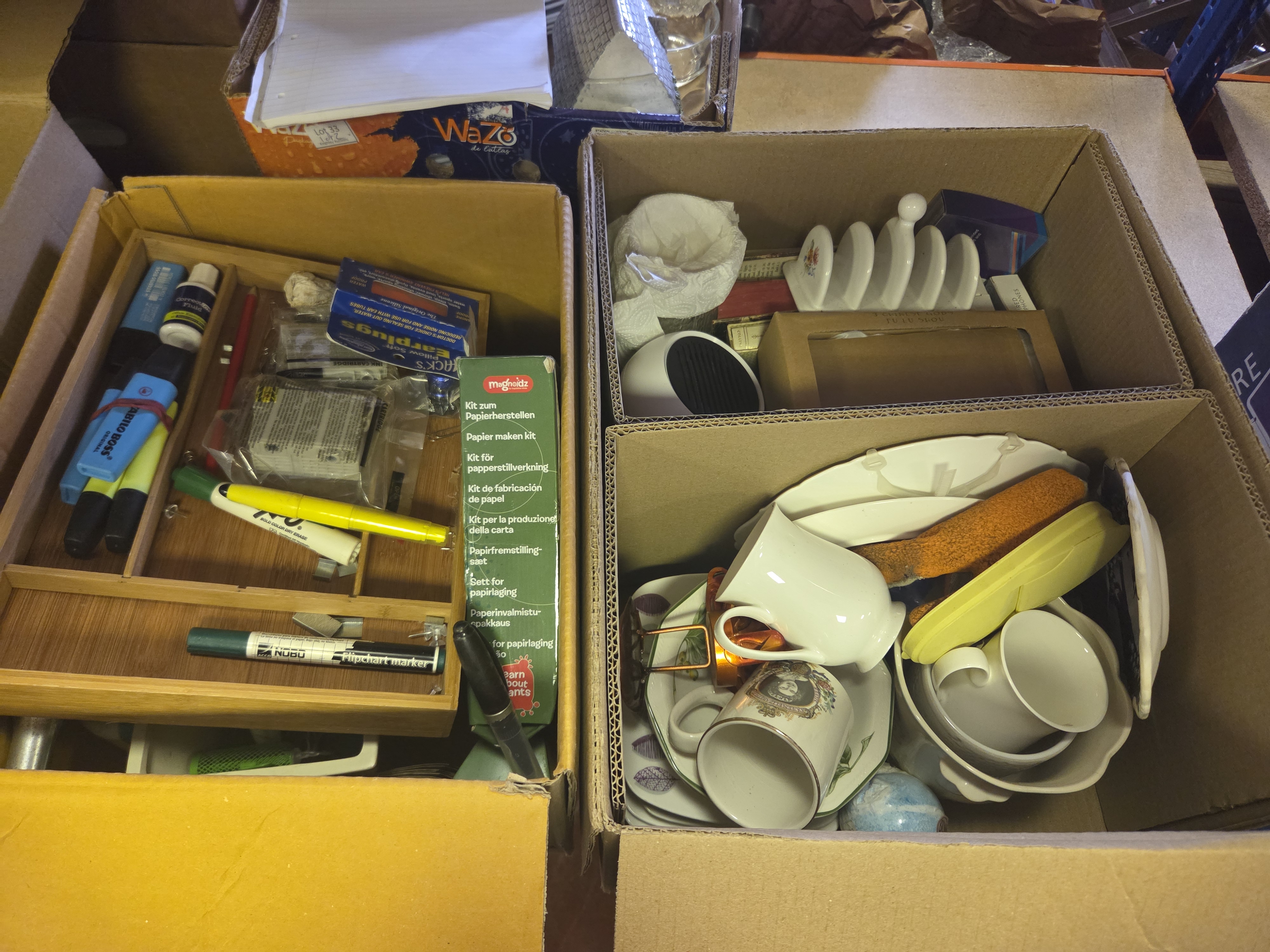 Two boxes of Stationery Household Goods and Ceramics