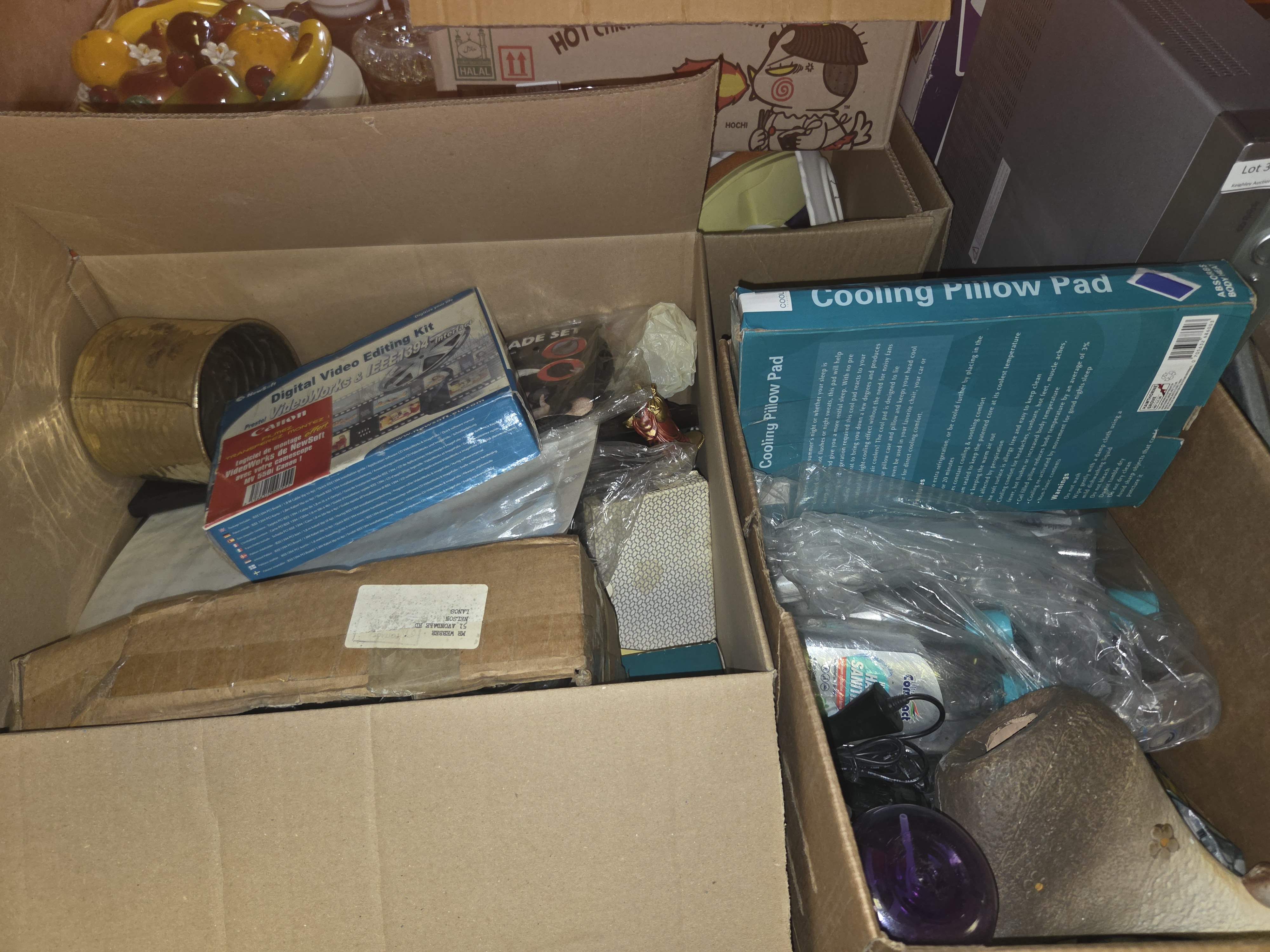 Two Boxes of Household Goods and Vintage Electronics including Pinnacle Digital Video Editing Kit and Cooling Pillow Pad