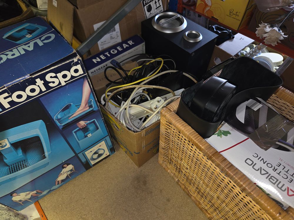 Lot 166 – Box and Basket of Domestic Appliances and Electronics Including Clairol Netgear and Ambiano