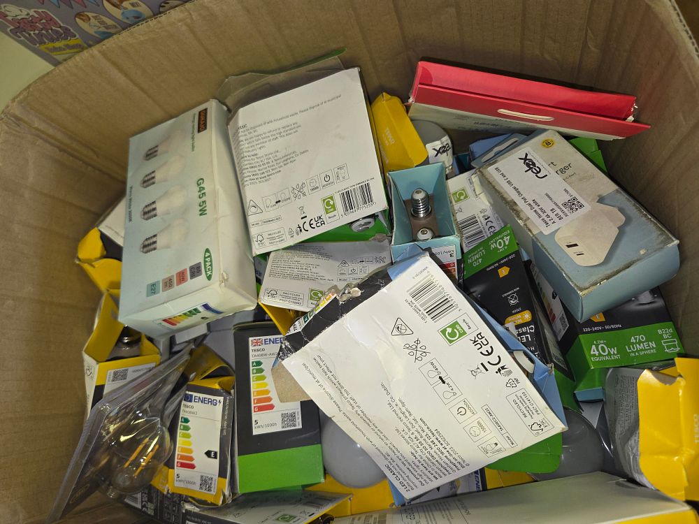 Lot 198 – Box of LED Light Bulbs and Electrical Accessories Including Tesco and Rex