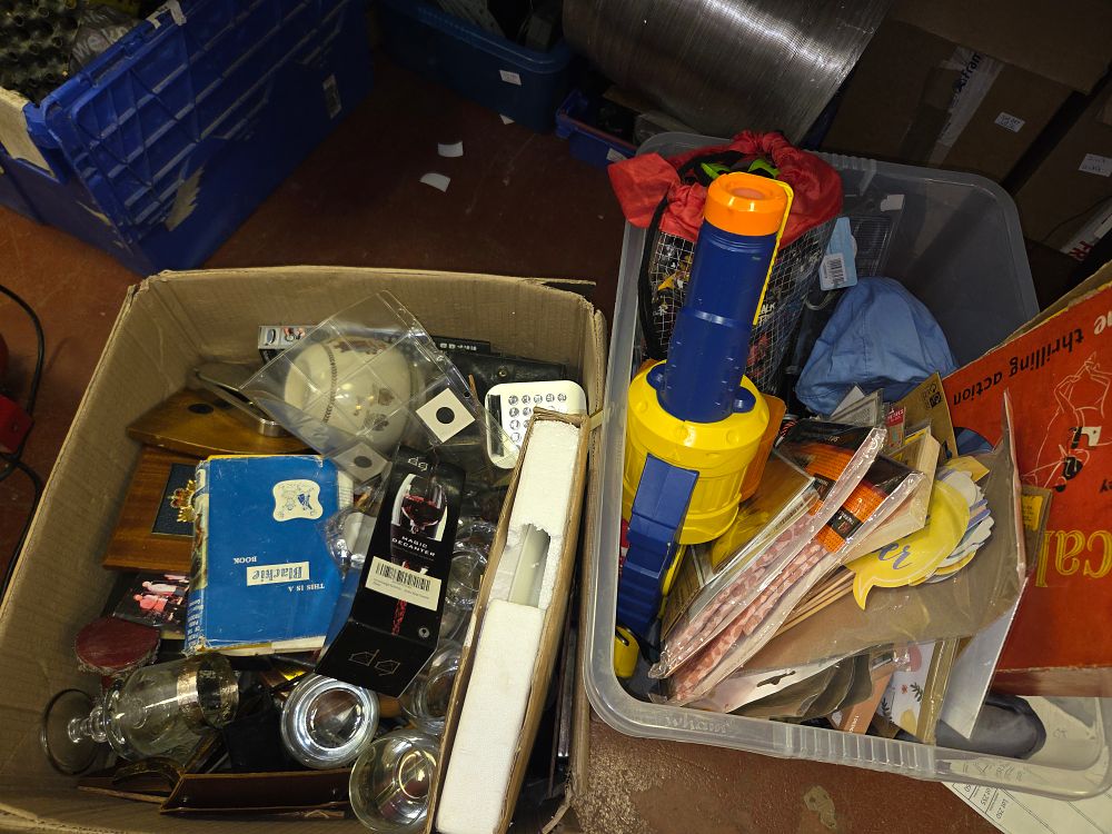 Lot 249 – Two Boxes of Miscellaneous Household Goods, Toys, and Collectables Including Magic Decanter and Blackie Book