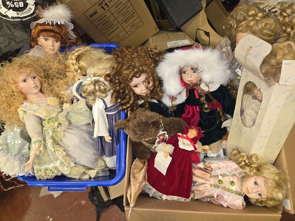 Lot 253 – Two Boxes of Porcelain Dolls and a Plush Teddy Bear