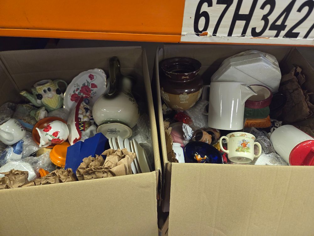 Lot 296 – Two Boxes of Mixed Ceramic and Pottery Wares Including a Novelty Corn Teapot and Salt-Glazed Jar