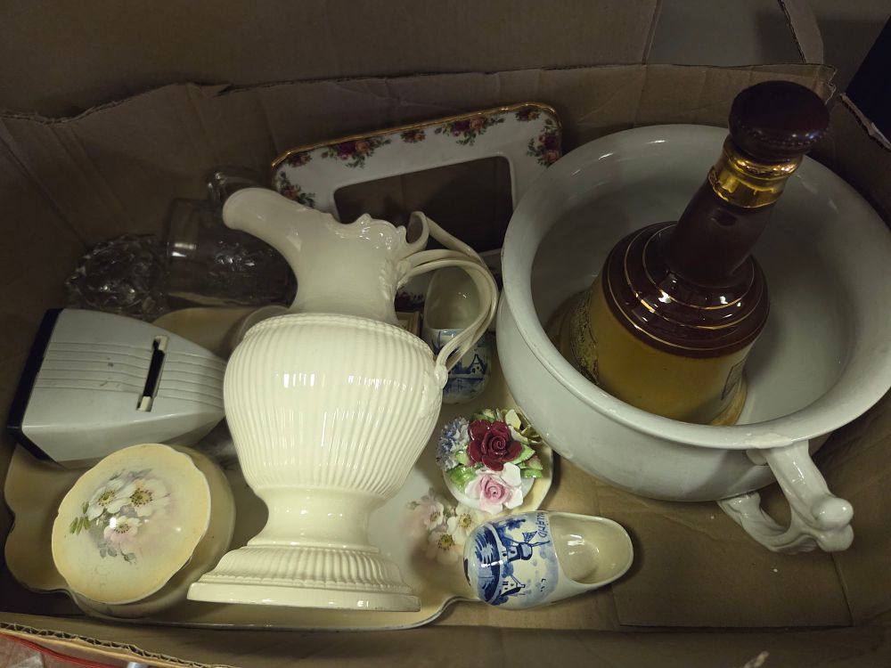 Lot 297 – One Box of Ceramics Glassware and Miscellaneous Bric-a-brac Including Creamware Pitcher and Chamber Pot