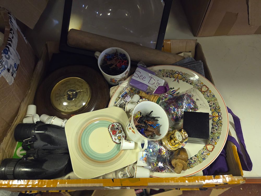 Lot 298 – One Box of Miscellaneous Collectables and Household Items Including Barometer Binoculars and Decorative Ceramics