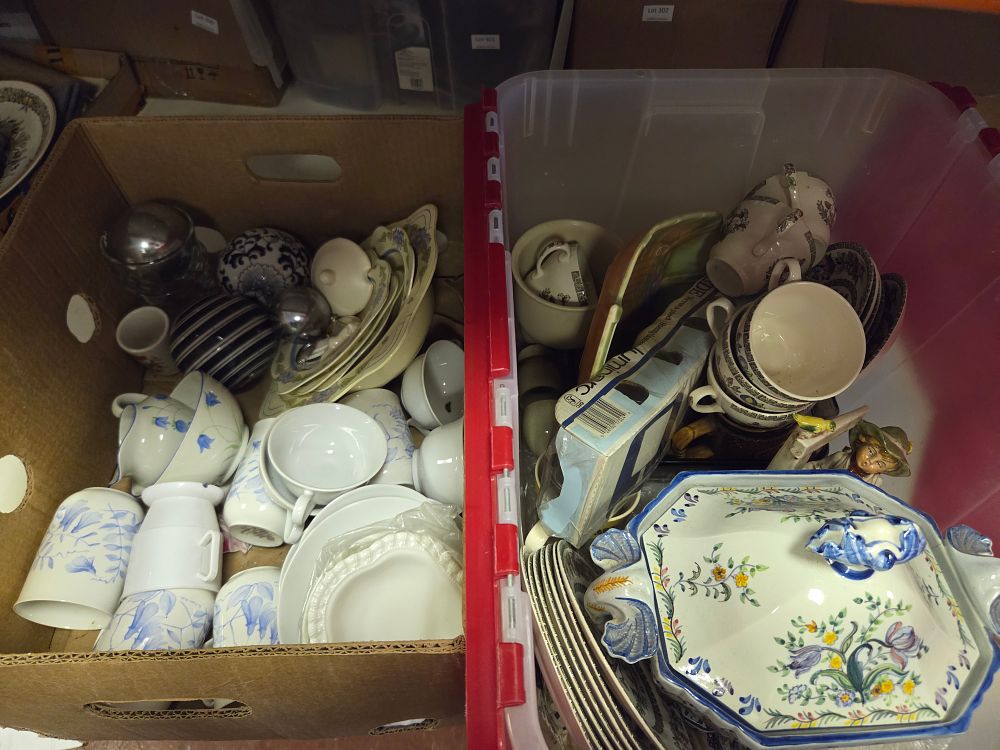 Lot 305 – Two Boxes of Mixed Ceramics and Tea Ware Including a Large Hand Painted Lidded Tureen