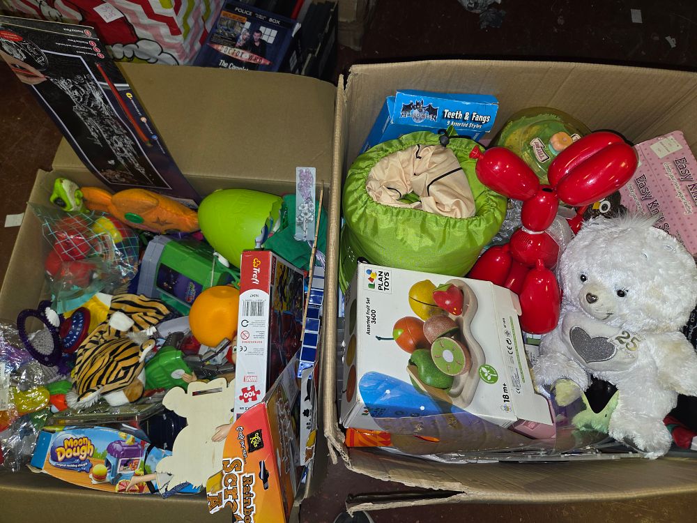 Lot 320 – Two Boxes of Miscellaneous Toys and Games Including Plan Toys Trefl Marvel and Moon Dough