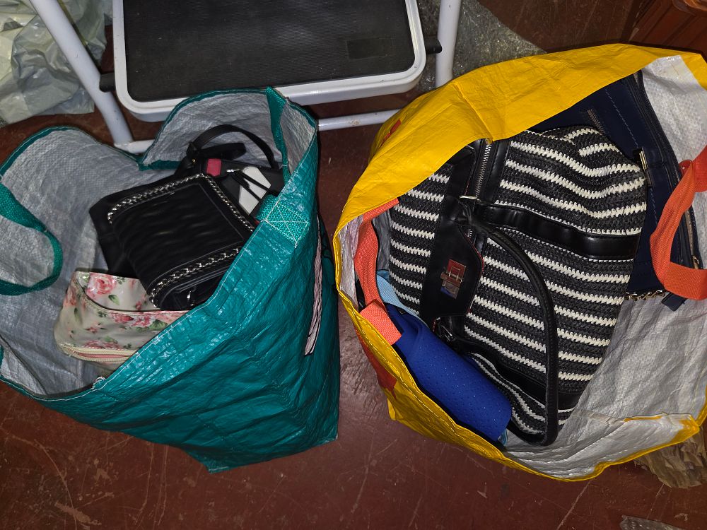 Lot 349 – Two Bags of Miscellaneous Handbags and Accessories Including Large Striped Tote Bag