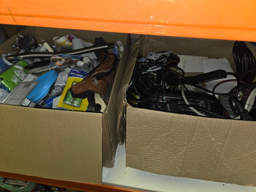 Lot 356 – Two Boxes of Household Sundries and Electrical Goods Including Kampa Khazi Portable Toilet