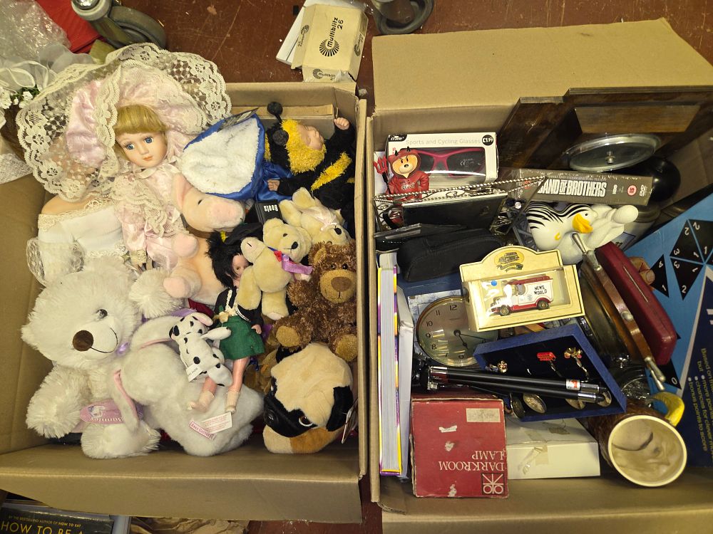 Lot 357 – Two Boxes of Miscellaneous Toys Plush Animals and Household Collectables Including Corgi and Anne Geddes