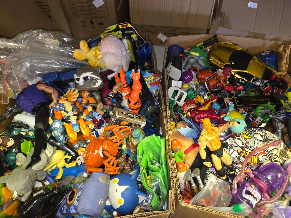 Lot 359 – Two Boxes of Mixed Modern and Vintage Action Figures Plush and Collectable Toys Including Marvel Rocket Raccoon Hohner Golden Melody Harmonica and Fuggler Monster