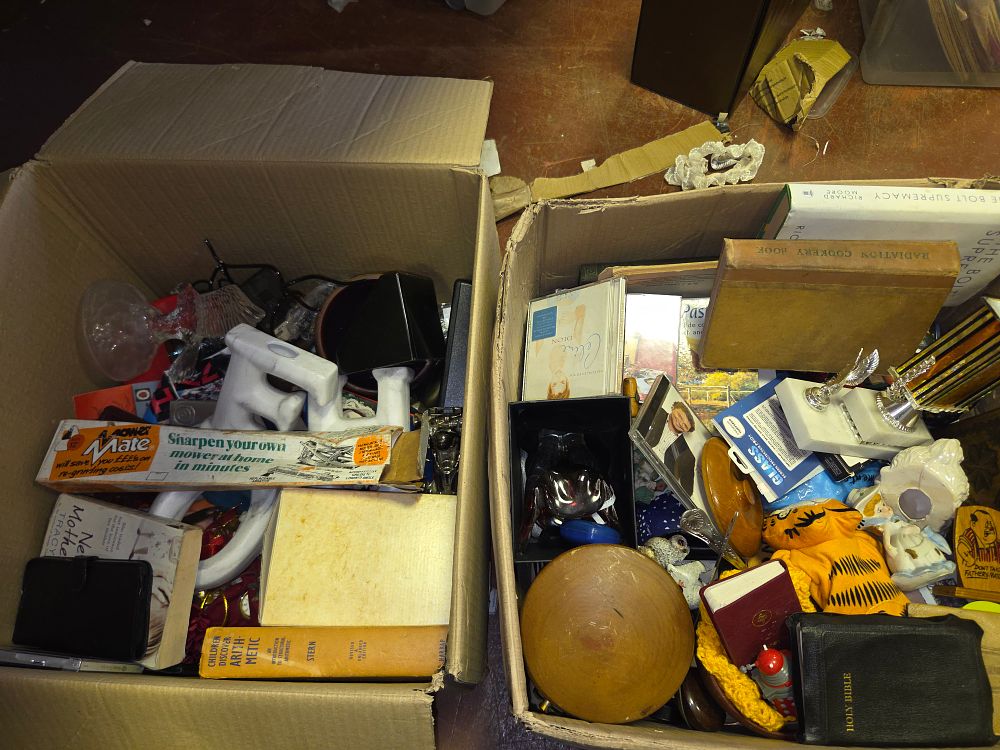 Lot 368 – Two Boxes of Miscellaneous Household Items and Collectables Including Radiation Cookery Book and Mower Mate