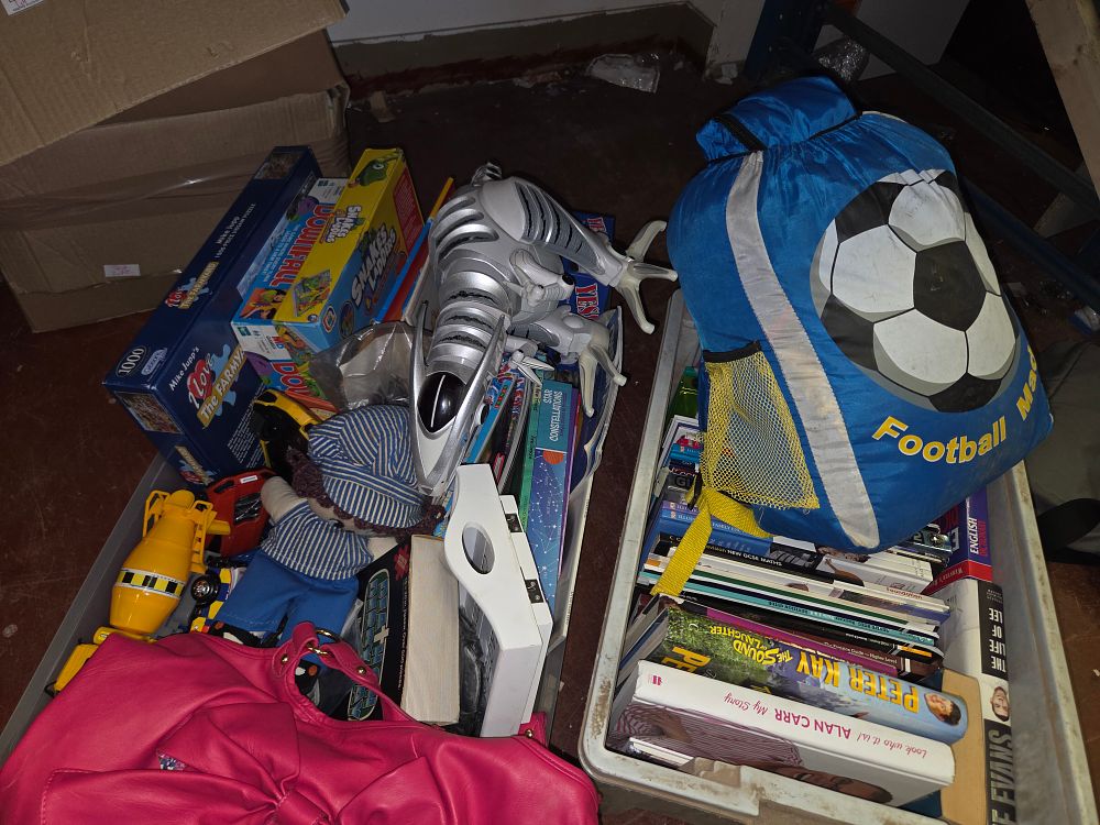 Lot 369 – Two Boxes of Miscellaneous Toys, Games, and Books Including Mike Jupp Jigsaw Puzzle