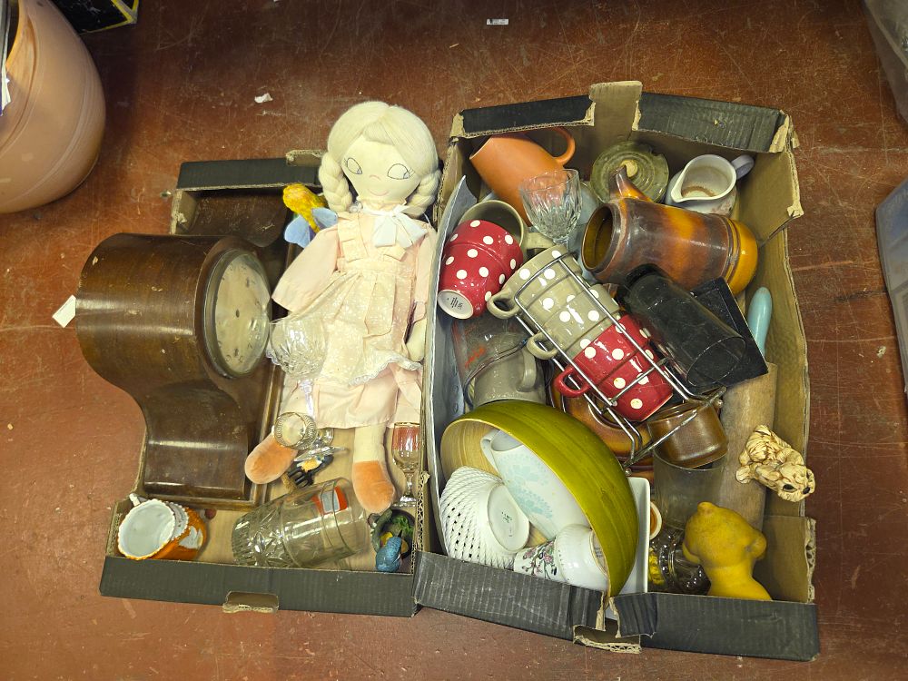 Lot 375 – Two Boxes of Miscellaneous Household Collectables Including Mantel Clock and Price & Kensington Ceramics