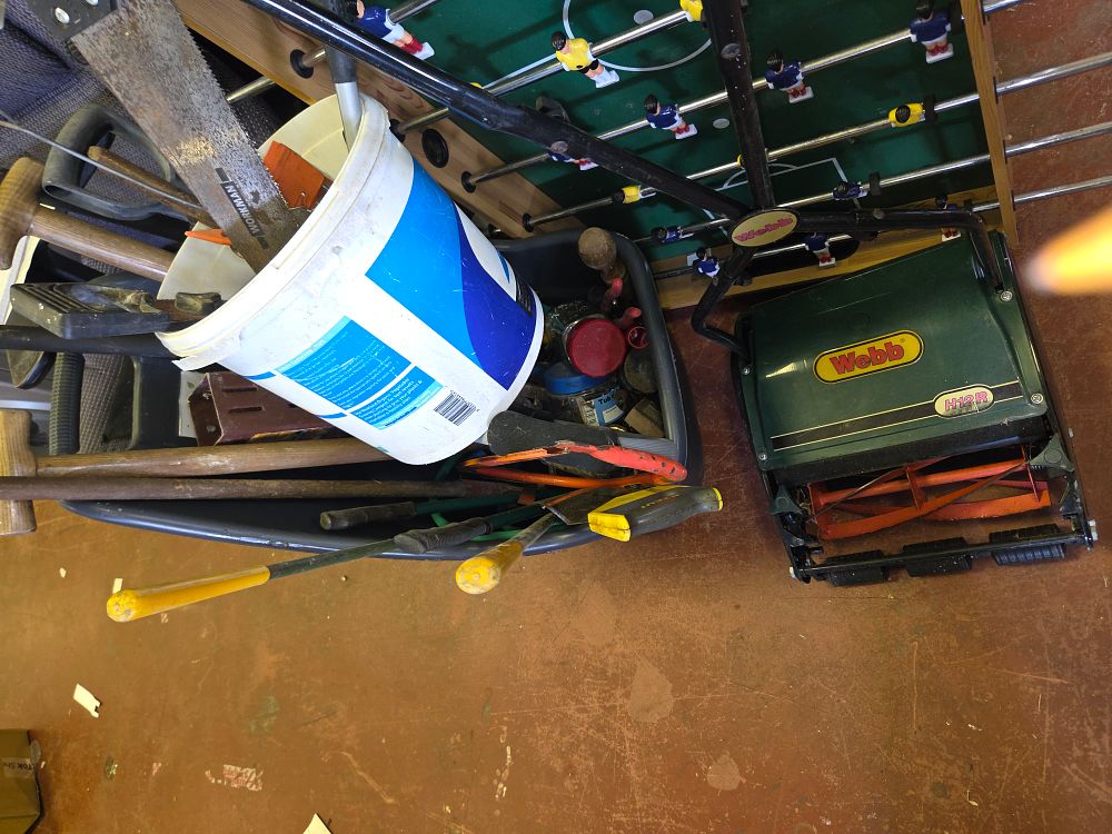 Lot 379 – Two Containers of Hand and Garden Tools Including Workman and Webb H12R Manual Cylinder Mower