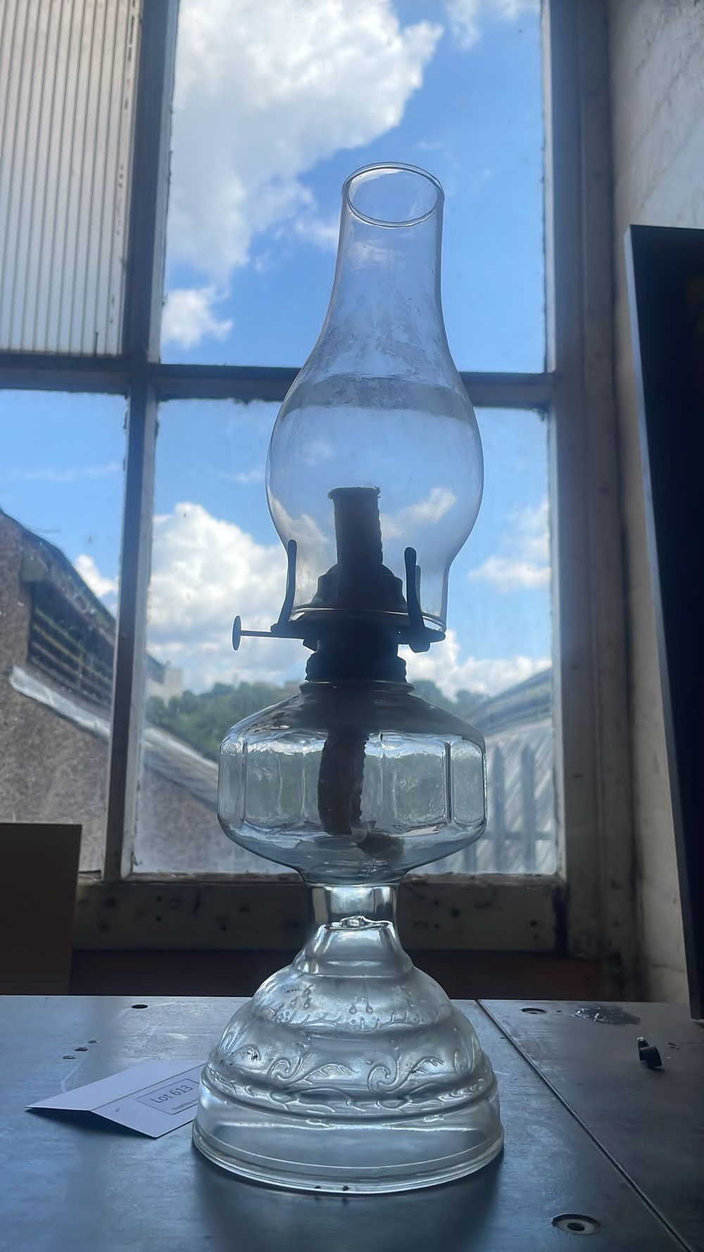 Lot 622 – Clear Pressed Glass Paraffin Table Lamp