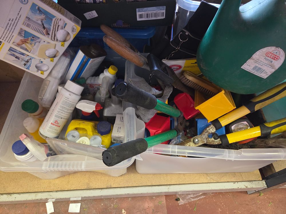 Lot 155 – Two Boxes of Household Chemicals and Garden Tools Including G4 Nowet Geeco and Forge Steel