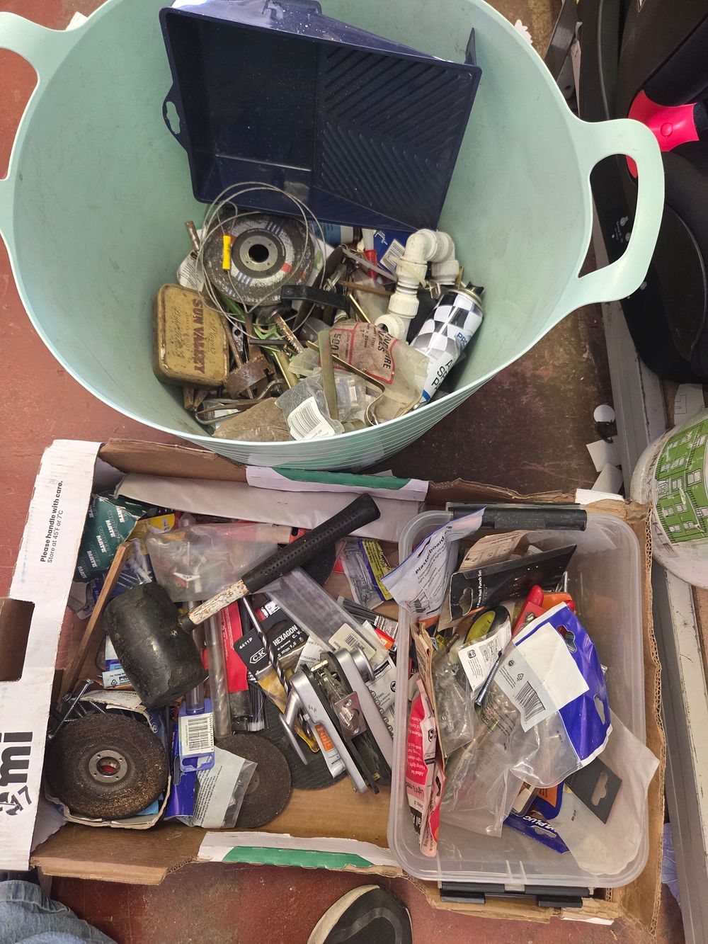 Lot 157 – Two Boxes of Miscellaneous Tools Hardware and Decorating Equipment Including Sun Valley Tobacco Tin