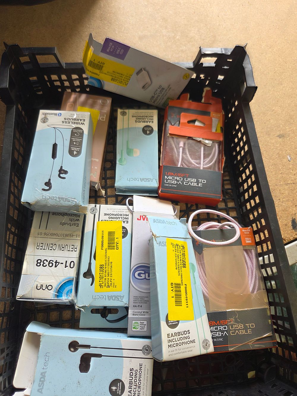 Lot 164 – One Crate of Electronic Accessories Including ASDA Tech Onn and JVC