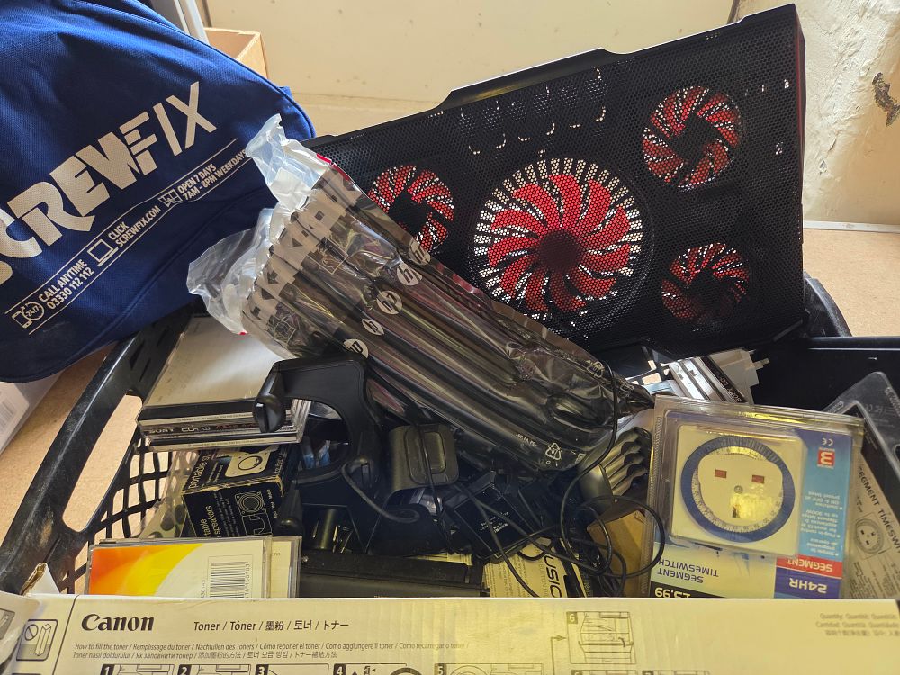 Lot 202 – One Crate of Computer and Office Accessories Including HP Canon Sony and Screwfix