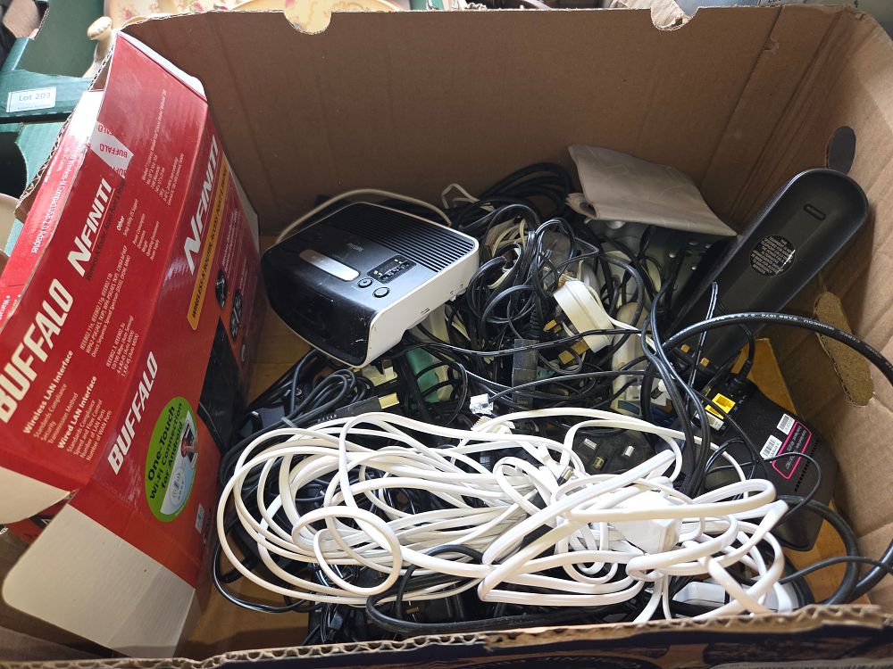 Lot 208 – One Box of Mixed Electronics and Networking Equipment Including Buffalo Philips BT and Netgear