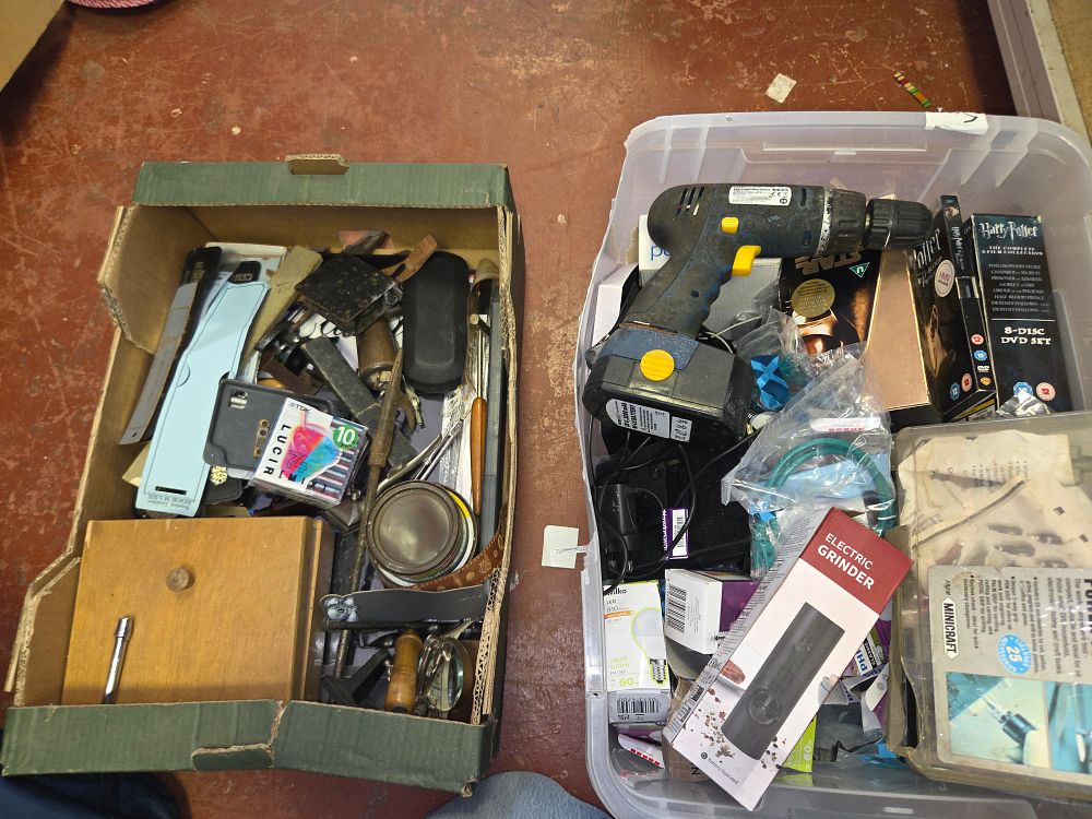 Lot 214 – Two Boxes of Mixed Tools Household Hardware and Media Including Harry Potter